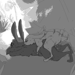 anthro black_and_white blush cain_(weaver) closed_eyes disney duo eyewear fan_character female from_behind_position glasses lagomorph lying male mammal monochrome nature on_front outside rabbit replytoanons rough_sketch sex sketch sunglasses sweat zootopia