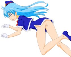 absurdres aqua_hair ass bangs bow breasts dress earrings female gloves hand_up hat highres hips jewelry legs legs_crossed long_hair looking_to_the_side miniskirt no_panties open_mouth photoshop purple_eyes red_bow shoes short_dress short_sleeves simple_background skirt smile solo stewardess tenjouin_katsura thighs vector_trace white_background white_gloves yat_anshin_uchuu_ryokou