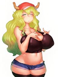 baseball_cap belly blonde_hair blush breast_suppress breasts cleavage cowboy_shot curvy dragon_girl erect_nipples female female_only fumio_(rsqkr) gradient_hair green_hair hat horns huge_breasts long_hair looking_at_viewer midriff miss_kobayashi's_dragon_maid multicolored_hair navel one_eye_closed plump quetzalcoatl_(dragon_maid) short_shorts shorts simple_background skindentation solo tank_top thick_thighs thighs white_background wide_hips yellow_eyes