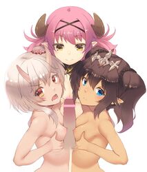 3girls bangs bar_censor blue_eyes blush breast_squeeze breasts brown_eyes brown_hair censored character_request closed_mouth eyebrows_visible_through_hair flat_chest flower hair_flower hair_ornament highres horns light_smile looking_at_viewer multiple_girls multiple_paizuri nadia_(sennen_sensou_aigis) naizuri nakadori_(movgnsk) nipples oni_horns penis pink_flower pointy_ears purple_hair sennen_sensou_aigis short_hair_with_long_locks silver_hair simple_background small_breasts smile straight tan tied_hair triple_paizuri twintails upper_body wavy_hair white_background x_hair_ornament yellow_eyes