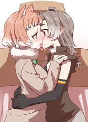 1boy 2girls animal_ears black-tailed_prairie_dog_(kemono_friends) brown_eyes brown_hair collaborative_fellatio cum double_fellatio facial fellatio kemono_friends kissing multiple_fellatio multiple_girls north_american_beaver_(kemono_friends) penis red_hair sumiyao_(amam) teamwork tongue