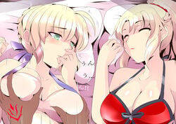 2girls ahoge artoria_pendragon artoria_pendragon_(swimsuit_archer) bikini blonde_hair blush breast_grab breasts cleavage closed_eyes command_spell dark-skinned_male dark_skin fate/grand_order fate_(series) grabbing green_eyes groping implied_sex indoors large_breasts lying medium_breasts mordred_(fate) mordred_(swimsuit_rider) mother_and_daughter multiple_girls on_bed pillow red_bikini saber sleeping swimsuit syntier13