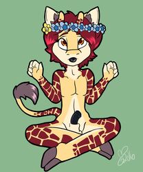 2016 5_fingers animal_genitalia animal_penis anthro balls black_penis black_tongue brown_eyes cloven_hooves crossed_legs eyebrows fingerless_(marking) flower flower_crown flowey_the_flower front_view fur giraffe green_background hair hi_res hooves inner_ear_fluff looking_up male mammal multicolored_fur nude pecs penis plant red_hair sheath simple_background sitting solo sonny_floyd tail_tuft tongue tongue_out tuft undertale video_games zombikiss