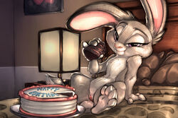 2017 bed bedroom_eyes cake carrot_(artist) clitoris disney female flat_chest food fur grey_fur half-closed_eyes hi_res holding_food holding_object inside judy_hopps lagomorph looking_at_viewer mammal on_bed paws pink_nose purple_eyes pussy rabbit seductive solo zootopia