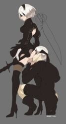 1boy artist_name ass blindfold breasts brekkist commentary cunnilingus dress face_in_ass female gloves hairband high_heels highres leotard leotard_aside mole mole_under_mouth nier nier:_automata open-back_dress oral pussy_juice skindentation squatting sword thighs weapon white_hair yorha_2b yorha_9s