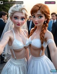 ai_generated aippealing anna_(frozen) bride disney_princess duo elsa_(frozen) elsanna female female_only frozen_(film) hot sexy sisters underboob wedding wedding_dress