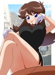 big_breasts black_dress breasts brown_hair busty dress gloves green_(pokemon) huge_breasts large_breasts pokemon pokemon_adventures