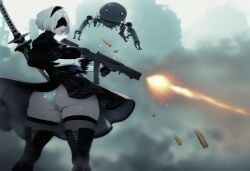 1girls ai_generated android boots bullet dress female from_side gun nier:_automata nier_(series) panties robot shot smoke stockings white_hair yorha_2b