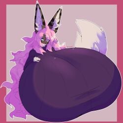 big_breasts blue_eyes breasts colossal_breasts female furry huge_breasts hyper_breasts katdrawsalot large_breasts long_ears pink_hair purple_clothing purple_shirt tagme tail white_tail