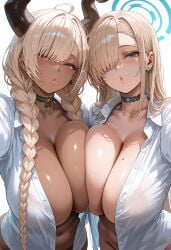 2girls ai_generated asuna_(blue_archive) azur_lane blonde_hair blue_archive bottomless breasts crossover female flyingpancake gyaru hair_over_one_eye halo horns huge_breasts light-skinned_female light_skin long_hair naughty_face owari_(azur_lane) symmetrical_docking tan tan-skinned_female tanned_skin