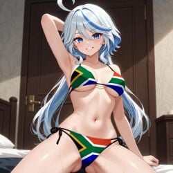 1girls ai_assisted ai_generated bikini bikini_bottom bikini_only bikini_top blue_eyes blue_hair breasts female female_focus female_only flag flag_bikini flag_print flag_print_bikini furina_(genshin_impact) genshin_impact hair horny horny_female legs legs_apart legs_spread navel solo solo_female solo_focus south_african_flag sweat sweatdrop sweating sweaty sweaty_body sweaty_breasts thick_thighs thighs white_hair
