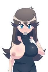 big_breasts black_dress breasts brown_hair busty dress dress_pull exposed_breasts gloves green_(pokemon) huge_breasts large_breasts pokemon pokemon_adventures