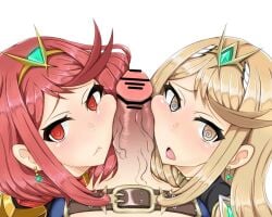 1boy 2girls :< @_@ armor bar_censor belt blonde_hair canon_couple canon_polyamory censored cheek_press commentary_request cooperative_facejob cooperative_fellatio earrings facejob fellatio ffm_threesome gatyo_5 group_sex heart heart-shaped_pupils jewelry looking_at_viewer multiple_girls mythra open_mouth oral penis penis_on_face pointless_censoring pyra red_eyes red_hair rex_(xenoblade) sidelocks simple_background straight symbol-shaped_pupils teamwork_(sexual) threesome tiara white_background xenoblade_(series) xenoblade_chronicles_2 yellow_eyes