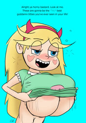 1girls 2017 alternate_breast_size areola blonde_hair blue_eyes blush breasts dialogue disney disney_channel downzekd drunk english_dialogue english_text facial_markings godalmite hairband huge_breasts imminent_exposure lifting_shirt motion_lines rough_sketch star_butterfly star_vs_the_forces_of_evil straight_hair text underboob undressing watermark