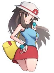 big_breasts blue_clothing breasts brown_hair busty gonzarez huge_breasts large_breasts leaf_(pokemon) looking_at_viewer looking_back miniskirt pokemon sideboob skirt tank_top thick_thighs wide_hips