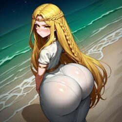 1boy ai_generated ass ass_focus beach big_ass blonde_hair bottom_heavy bottom_heavy_femboy braid braided_hair bubble_butt elden_ring femboy femboyarashi gigantic_ass girly huge_ass male male_only miquella presenting_ass robe seaside shadow_of_the_erdtree shiny sissy thick_ass thick_thighs trap