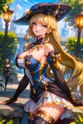 1girls ai_generated attractive beautiful blonde_female blue_crystal blue_eyes breasts bridal_gauntlets buildings city_background crystal day decoration dress fancy fancy_clothing fantasy female flower gauntlets genshin_impact gold_(metal) jewelry kawaii magical_girl navia_(genshin_impact) off_shoulder park president rpg sexy skirt smiling_at_viewer thick_thighs toongenai trees video_game_character video_games witch witch_costume witch_hat