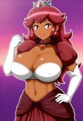 ai_generated alternate_costume alternate_skin_color civitai cleavage dark_skin dark_skinned_female fire_peach huge_breasts large_breasts mario_(series) mario_is_missing maroon_hair navel power_up princess_peach red_eyes self_upload