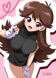 big_breasts black_dress breasts brown_hair busty dooon_chaaan dress gloves green_(pokemon) huge_breasts large_breasts pokemon pokemon_adventures