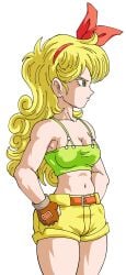 armpits bad bad_girl bad_launch blonde_female blonde_hair bobbies breast breasts cleavage clothed clothed_female clothes curly_hair cute digital_art digital_drawing_(artwork) digital_media digital_media_(artwork) double_personality dragon_ball dragon_ball_(classic) dragon_ball_(series) dragon_ball_z fanart gloves green_eyes green_topwear hand_on_hip hands_on_hips launch long_hair no_nude profile red_ribbon red_ribbon_in_hair ribbon ribbon_in_hair safe safe_for_work shorts simple_background solo solo_female super_dragon_ball_heroes top topwear transformation yamidanight yellow_short