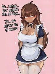 1girls ai_generated ass back_view big_breasts blush breasts brown_hair christmas corela embarrassed indoors long_hair looking_at_viewer maid maid_uniform nude_female socks solo_female spanish_text tagme text thighs tortieza