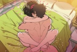 1boy 1girls ai_generated alternate_breast_size bed bedroom big_breasts breasts erika_(pokemon) female hug kissing large_breasts leg_lock male mullon novelai pokemon pokemon_frlg pokemon_rgby sex