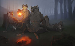 2017 abs adam_wan all_fours animal_genitalia anthro armpits balls barefoot biceps brown_fur canine casual_nudity dagger fire fully_sheathed fur group holding_object holding_weapon lantern lying male male_only mammal melee_weapon muscular muscular_male navel night nude on_back outdoors outside pawpads paws pecs sheath sitting spread_legs spreading tan_belly tan_fur tree weapon wolf