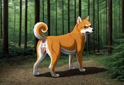 ai_generated anus canine_pussy domestic_dog ellie_(whizdog) looking_at_viewer shiba_inu woods