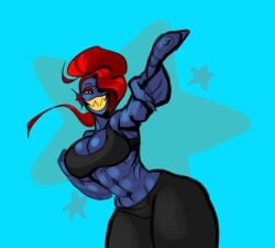 6_pack anthro big_breasts blue_background blue_body clothed eyepatch female fish fish_girl grinning looking_at_viewer mirci monster_girl muscles muscular muscular_anthro muscular_female pants pointing ponytail red_hair sharp_teeth smile smiling smiling_at_viewer sports_bra thick_thighs undertale undertale_(series) undyne