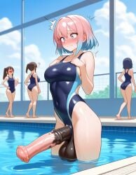 ai_generated bathhouse big_balls big_breasts blue_and_pink_hair blush embarrassed futanari horsecock horsecock_futanari huge_cock people_watching pool swimsuit zynai