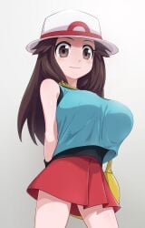 big_breasts blue_clothing breasts brown_hair busty huge_breasts large_breasts leaf_(pokemon) miniskirt nanina pokemon skirt tank_top thick_thighs wide_hips