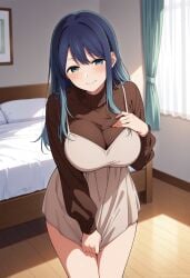 ai_generated big_breasts blue_eyes blue_hair curvy kurokawa_akane oshi_no_ko pov pov_eye_contact undressing