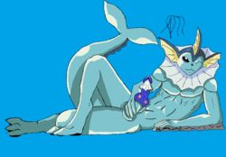 2017 amarashi anthro balls canine eeveelution erection looking_at_viewer male male_only mammal muscular muscular_male nintendo nude penis pokémon_(species) pokemon sex simple_background smile solo vaporeon video_games