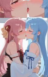 ai_generated arms_around_partner blue_hair blush closed_eyes french_kiss fully_clothed incest kotonoha_akane kotonoha_aoi open_mouth pink_hair red_eyes sisters voiceroid yuri