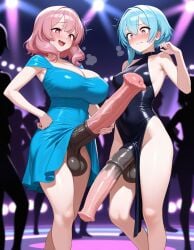 2girls ai_generated big_balls big_breasts blue_hair blush dress embarrassed erect_penis erection flaccid futa_only futanari holding_penis horsecock horsecock_futanari huge_cock nightclub party people_watching pink_hair sudden_erection zynai