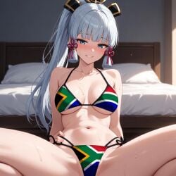 1girls ai_assisted ai_generated bikini bikini_bottom bikini_only bikini_top blue_hair breasts female female_focus female_only flag flag_bikini flag_print flag_print_bikini genshin_impact hair horny horny_female kamisato_ayaka legs legs_apart legs_spread navel silver_eyes solo solo_female solo_focus south_african_flag sweat sweatdrop sweating sweaty sweaty_body sweaty_breasts thick_thighs thighs white_hair