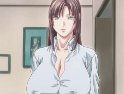 1girls animated animated_gif brown_hair cleavage_(game) green_eyes hair_down huge_breasts ova toudou_erika x-ray