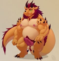 1boy anthro ball_tuft bodily_fluids dragon genital_fluids genitals hi_res horn knot male male_only muscular muscular_anthro muscular_male nipples penis precum pubes solo solo_focus solo_male tuft wulfiewilk