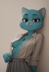 2025 ai_generated anthro blue_body blue_fur breasts domestic_cat felid feline female furry looking_at_viewer mardjak necklace nicole_watterson open_clothes open_shirt skirt solo tagme teasing the_amazing_world_of_gumball