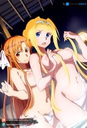 2girls ai_generated alice_schuberg big_breasts blonde_hair blue_eyes brown_eyes curvy curvy_figure juanpiamvs long_hair nipples nude nude_female onsen open_mouth patreon patreon_username standing subscribestar subscribestar_username sword_art_online towel_only watermark yuuki_asuna