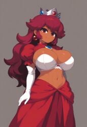 ai_generated alternate_costume alternate_skin_color civitai cleavage dark_skin dark_skinned_female fire_peach huge_breasts large_breasts mario_(series) mario_is_missing maroon_hair navel power_up princess_peach red_eyes self_upload