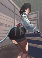 1girls ass ass ass_focus black_hair blender blender_(software) butt_focus female hoyoverse jane_doe_(zenless_zone_zero) looking_at_viewer mihoyo new_eridu_public_security office pantyhose rat_ears rat_girl rat_tail ripped_clothing ripped_pantyhose shorts solo solo_female the_michael watermark zenless_zone_zero