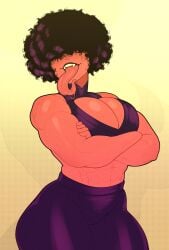 1female 1girls abs afro afro_hair arms_crossed arms_crossed_under_breasts big_ass big_breasts clothed clothing commission eyes_covered fangs female female_focus female_only hair_over_one_eyes long_tongue monster_girl mr_fuga mrfuga muscular_female red_skin red_skinned_female smile standing thick_thighs tongue_out wet_tongue