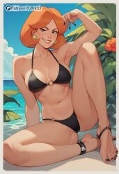 1milf ai_generated barefoot beach bikini bikini_bottom bikini_top black_bikini breasts earrings family_guy feet futfrk53 lois_griffin mature_female orange_hair sand stable_diffusion thick_thighs toes