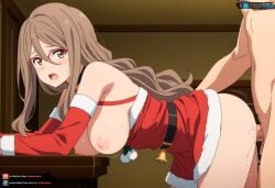 ai_generated big_breasts brown_eyes brown_hair christmas_clothing christmas_outfit curvy female from_behind glasses juanpiamvs laying_down long_hair lycoris_recoil nakahara_mizuki open_mouth patreon patreon_username penetration sex subscribestar subscribestar_username watermark