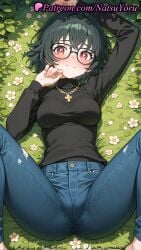 1girls :3 ai_generated anime anime_style arm_up bangs barefoot black-framed_eyewear black_hair black_sweater blue_pants blush breasts bust busty closed_mouth cross cross_necklace denim feet_out_of_frame female female_focus female_only flower flowers glasses grass green_hair hair_between_eyes happy_birthday hentai hunter_x_hunter inverted_cross jeans jewelry large_breasts latin_cross long_sleeves looking_at_viewer lying m_legs medium_breasts megane natsuyoru necklace on_back on_grass outdoors pants plant red_eyes ribbed_sweater shizuku_murasaki short_hair smile solo solo_female spread_legs sweater symbol-shaped_pupils torn_clothes torn_jeans torn_pants turtleneck turtleneck_sweater voluptuous voluptuous_female white_flower