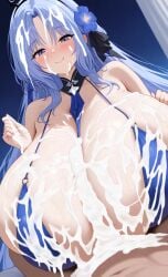 1boy 1girls ai_generated alsace_(azur_lane) alsace_(heat-beating_summer_sacrament)_(azur_lane) azur_lane bikini blue_eyes blue_hair breasts_bigger_than_head creamy_cum cum cum_drip cum_on_body cum_on_breasts cum_on_face cumshot ejaculation engulfing_paizuri enormous_breasts excessive_cum flower_in_hair ftggtgg gigantic_breasts hair_ornament huge_breasts hyper_breasts large_breasts massive_breasts paizuri paizuri_lead_by_female tie