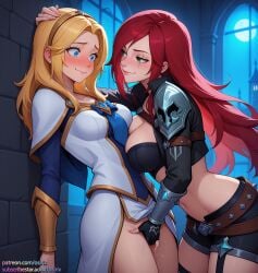 2girls ai_generated blonde blonde_female blonde_hair blonde_hair_female blue_eyes fingering green_eyes katarina_du_couteau league_of_legends league_of_legends:_wild_rift lesbian lesbian_couple lesbian_domination lesbian_focus lesbian_sex lesbians luxanna_crownguard osirix red_hair red_hair_female self_upload stable_diffusion tagme yuri