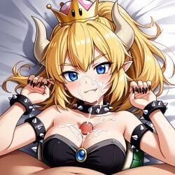 1boy 1girls ai_generated black_dress blonde_female blonde_hair blue_eyes bowsette breasts civitai crown cum cum_on_body cum_on_breasts cum_on_face cumshot female lying_on_bed mario_(series) nintendo paizuri penis pointy_ears pointy_teeth shell spiked_bracelet spiked_collar spiked_shell tagme