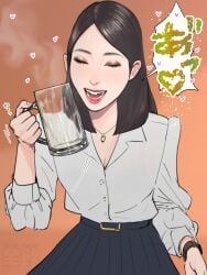 1girls asian asian_female black_hair burping casual clothed clothing cum cum_burp cum_drinking dialogue drinking_cum female gokkun japanese_text kawakit light-skinned_male light_skin tagme text translation_request